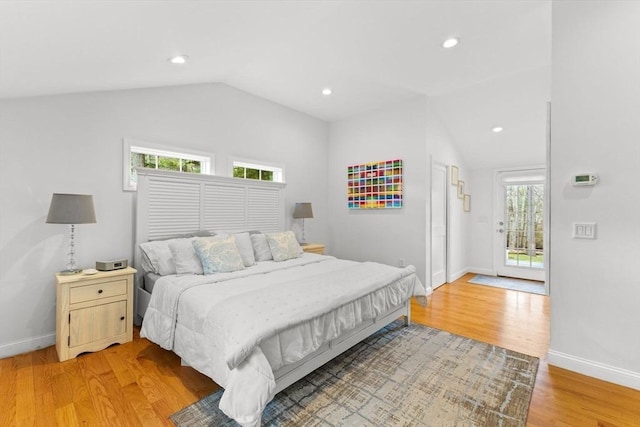 bedroom featuring recessed lighting, light wood-style flooring, baseboards, and vaulted ceiling
