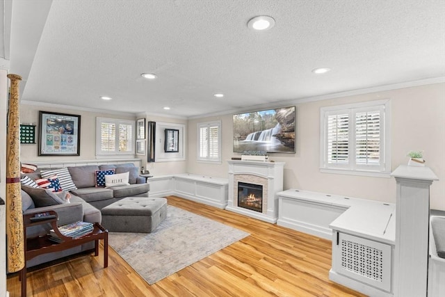 living area featuring plenty of natural light, light wood-style floors, and ornamental molding