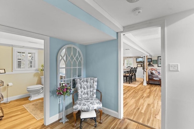 living area featuring a wealth of natural light, baseboards, and wood finished floors