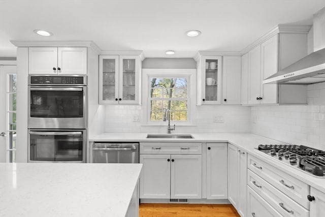 kitchen featuring white cabinets, a sink, wall chimney range hood, appliances with stainless steel finishes, and decorative backsplash