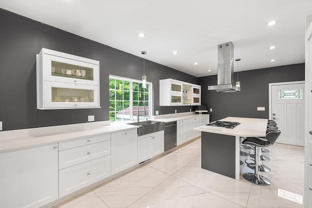 24 Clark St, Taunton, MA 02780 - kitchen with island exhaust hood, a sink, light marble finish flooring, dishwasher, and recessed lighting
