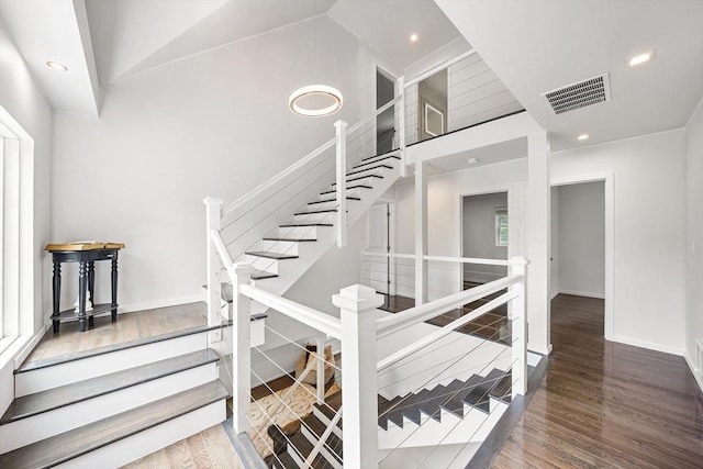 24 Clark St, Taunton, MA 02780 - stairs with wood finished floors, baseboards, and recessed lighting
