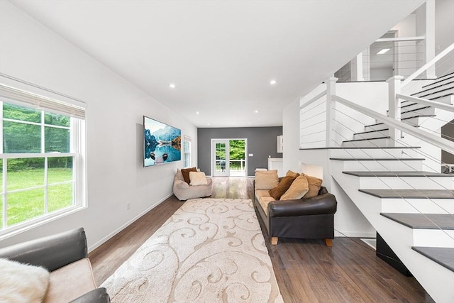 24 Clark St, Taunton, MA 02780 - living room featuring wood finished floors, stairs, baseboards, and recessed lighting