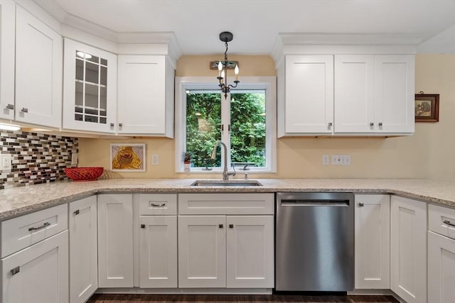 22 Tenney St, Georgetown, MA 01388 - kitchen featuring stainless steel dishwasher, white cabinets, pendant lighting, glass insert cabinets, and decorative backsplash