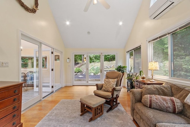 22 Tenney St, Georgetown, MA 01388 - sunroom featuring an AC wall unit, french doors, high vaulted ceiling, wood finished floors, and recessed lighting