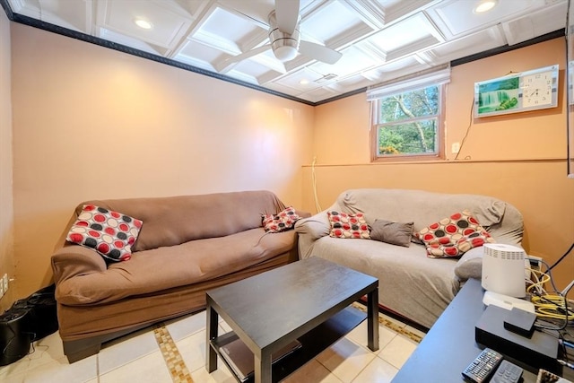 tiled living room featuring ceiling fan and coffered ceiling