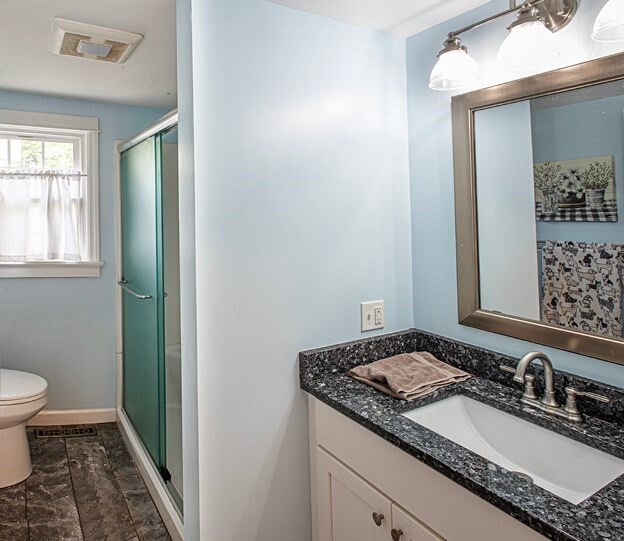 bathroom featuring walk in shower, vanity, and toilet