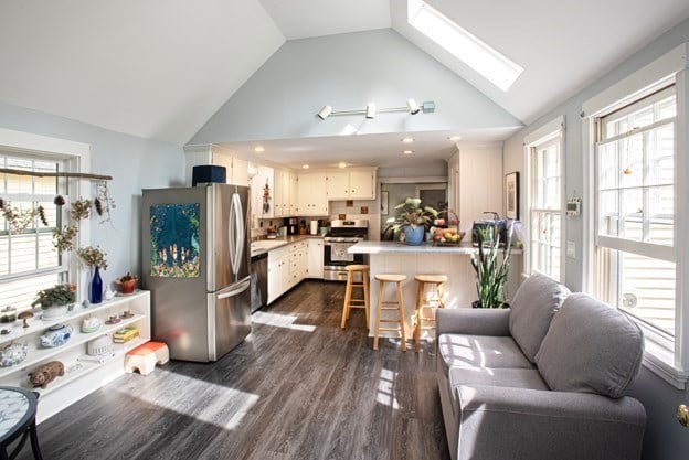 living room featuring a skylight, dark hardwood / wood-style floors, and high vaulted ceiling