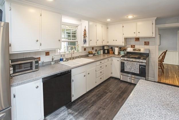 kitchen featuring dark hardwood / wood-style floors, sink, white cabinets, decorative backsplash, and stainless steel appliances