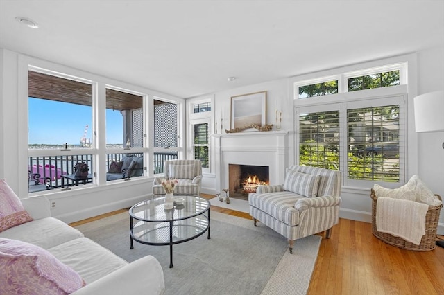 living area with a fireplace with flush hearth, wood finished floors, and baseboards