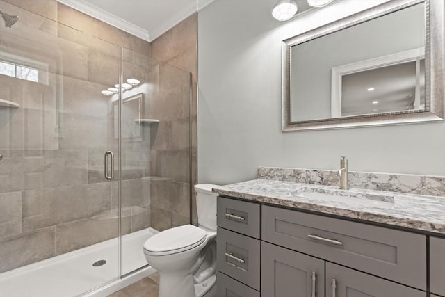 full bathroom with toilet, a stall shower, crown molding, and vanity