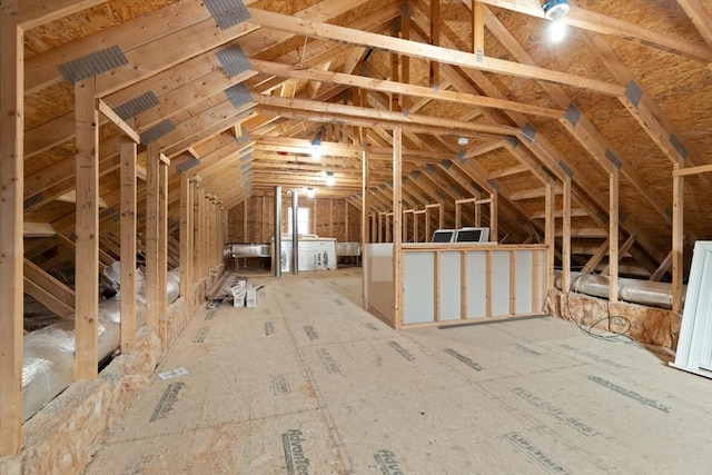 unfinished attic with an upstairs landing