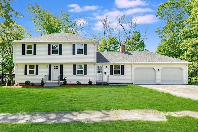 6 Post Gate Rd, Danvers, MA 01923 - colonial home with a garage, driveway, a chimney, a front yard, and a shingled roof