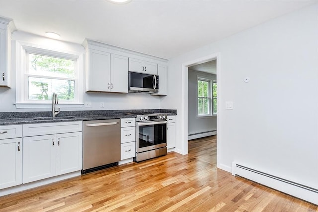 6 Post Gate Rd, Danvers, MA 01923 - kitchen featuring stainless steel appliances, a baseboard radiator, a sink, and light wood-style flooring