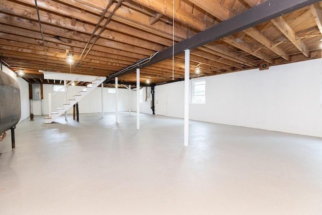 6 Post Gate Rd, Danvers, MA 01923 - basement featuring stairway, electric panel, and oil tank