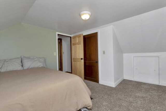 bedroom with carpet floors, baseboards, and lofted ceiling