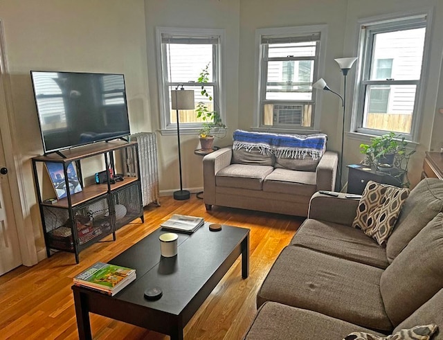 living room with wood-type flooring and radiator heating unit