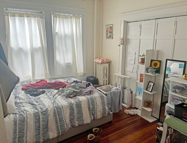 bedroom with dark wood-type flooring and a closet