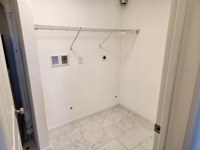 laundry area with marble finish floor, hookup for an electric dryer, baseboards, and laundry area