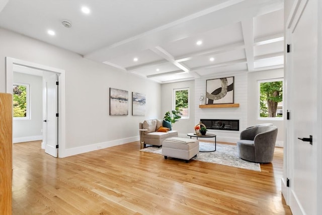 66 Upham St, Newton, MA 02465 - living area featuring light wood finished floors, baseboards, coffered ceiling, beam ceiling, and recessed lighting
