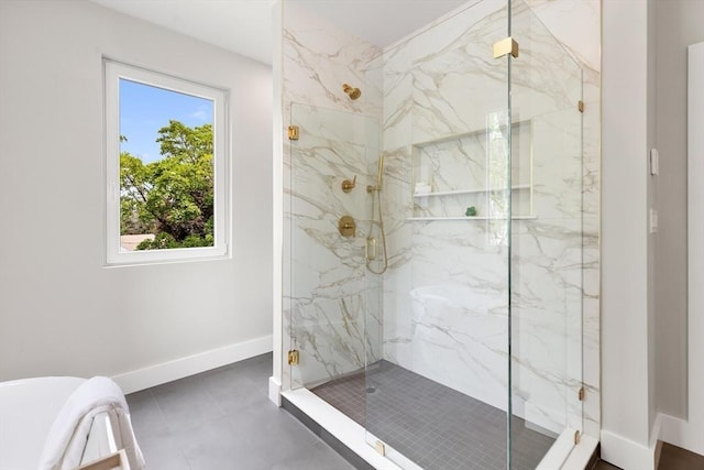 66 Upham St, Newton, MA 02465 - full bathroom with a marble finish shower, baseboards, and a freestanding tub