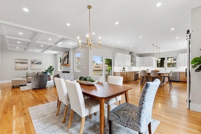 66 Upham St, Newton, MA 02465 - dining space with recessed lighting, light wood-type flooring, a chandelier, coffered ceiling, and beamed ceiling