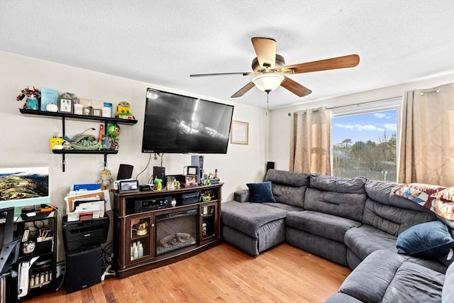 living room with ceiling fan, a textured ceiling, and light wood-type flooring