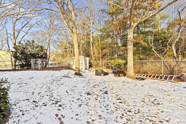 yard covered in snow with a storage shed