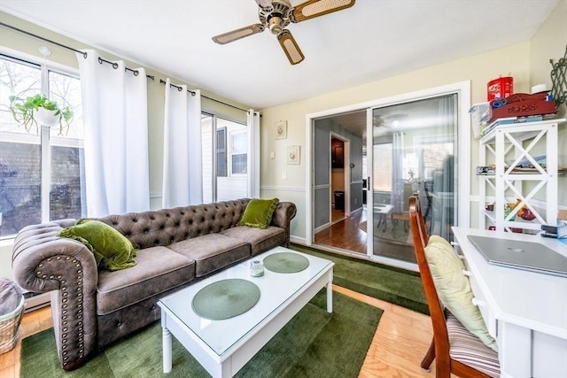 living area with a wealth of natural light, wood finished floors, and ceiling fan