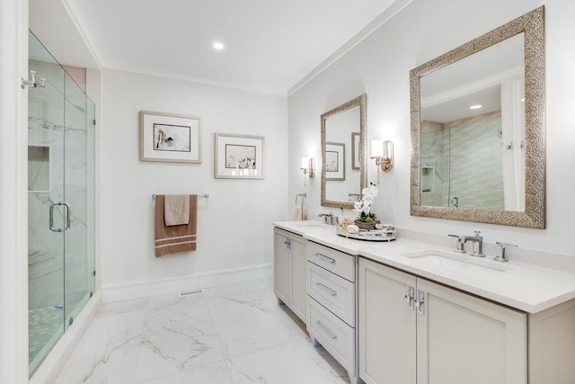 bathroom with an enclosed shower and vanity