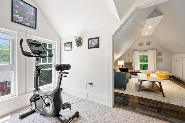 37 Devereux St, Marblehead, MA 01945 - exercise area with vaulted ceiling, wood finished floors, and recessed lighting