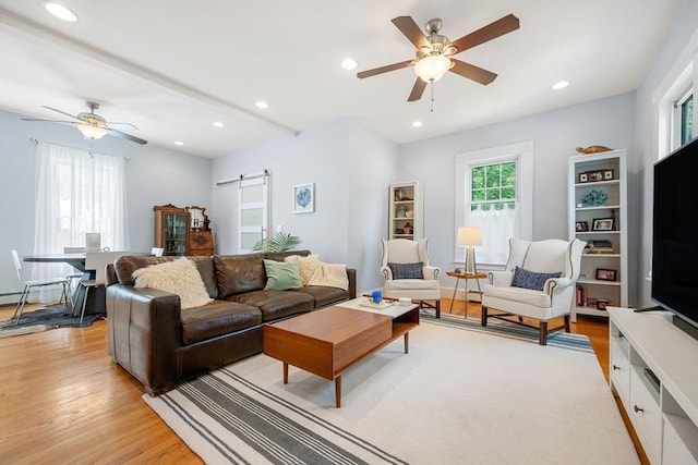 37 Devereux St, Marblehead, MA 01945 - living room with a barn door, a ceiling fan, light wood-style floors, and recessed lighting