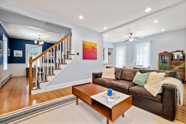 37 Devereux St, Marblehead, MA 01945 - living room featuring wood finished floors, a chandelier, recessed lighting, stairway, and a ceiling fan