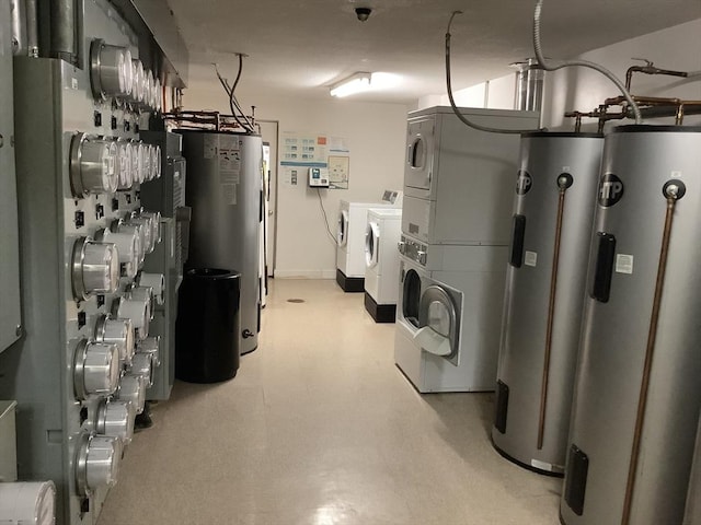 utility room featuring stacked washer and clothes dryer, electric water heater, and water heater