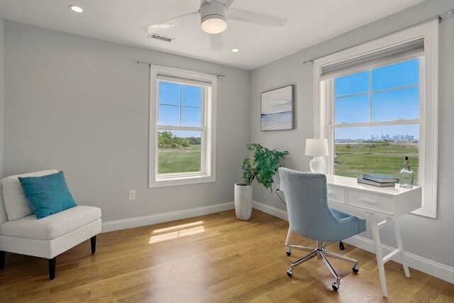 1091 Winthrop Ave, Revere, MA 02151 - home office with light wood-style flooring, a ceiling fan, and recessed lighting
