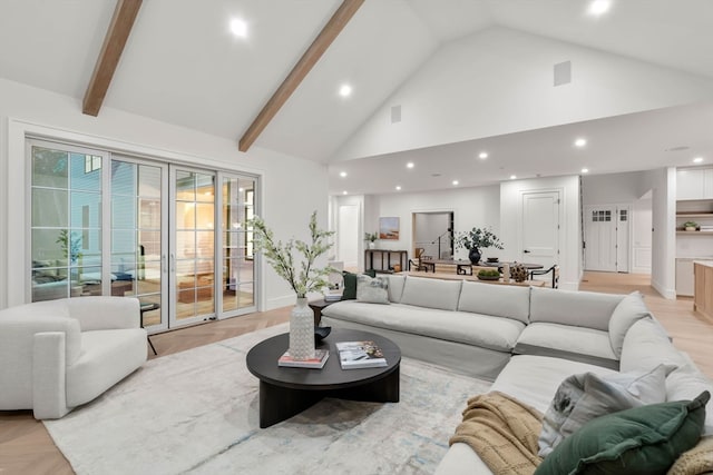 living room with baseboards, high vaulted ceiling, beam ceiling, and recessed lighting