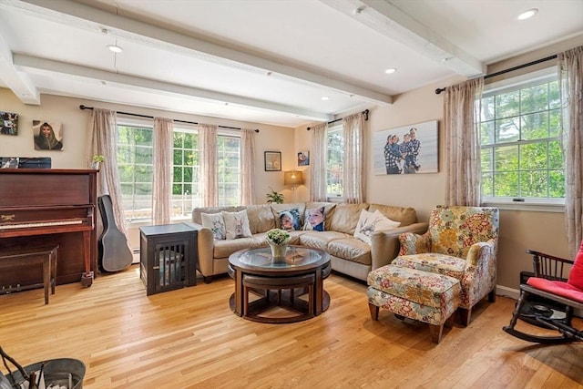 25 Brandt Beach Ave, Mattapoisett, MA 02739 - living room featuring beamed ceiling, wood finished floors, and recessed lighting