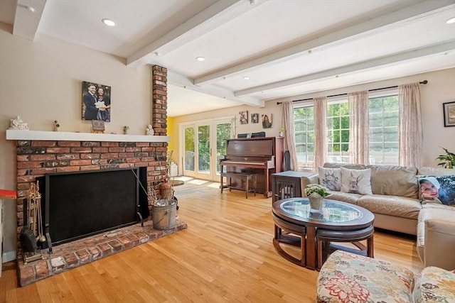 25 Brandt Beach Ave, Mattapoisett, MA 02739 - living area featuring wood finished floors, a fireplace, beamed ceiling, and recessed lighting