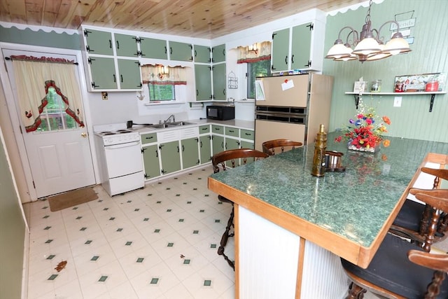 14 Cormack Rd, Sturbridge, MA 01566 - kitchen with white appliances, green cabinets, a sink, a kitchen breakfast bar, and wood ceiling
