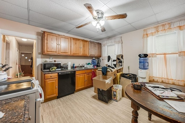 21 Sudan St, Boston, MA 02125 - kitchen with black dishwasher, white electric range, stainless steel microwave, a drop ceiling, and ceiling fan