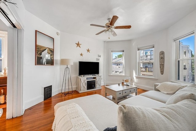21 Sudan St, Boston, MA 02125 - living area with wood finished floors, plenty of natural light, baseboards, and ceiling fan