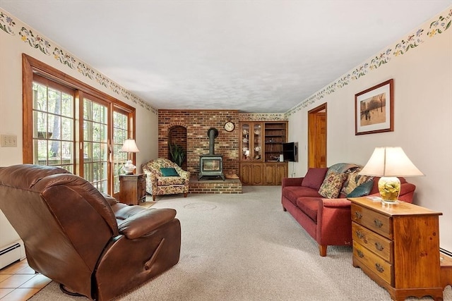 4 Clarke Rd, Littleton, MA 01460 - living room featuring a wood stove, light carpet, and brick wall