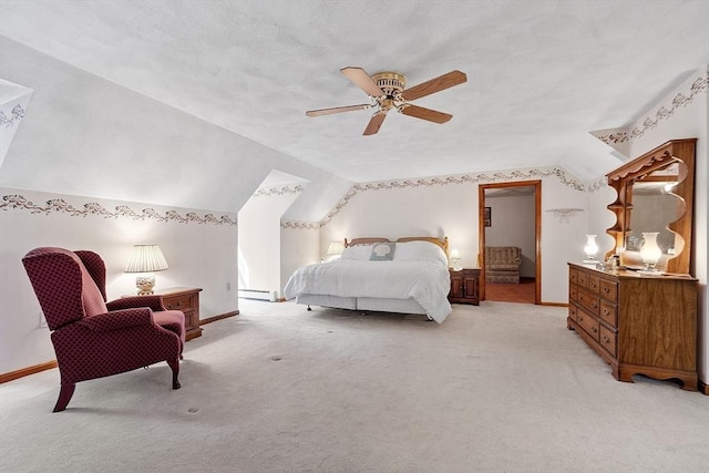 4 Clarke Rd, Littleton, MA 01460 - bedroom with light colored carpet, baseboards, vaulted ceiling, baseboard heating, and ceiling fan