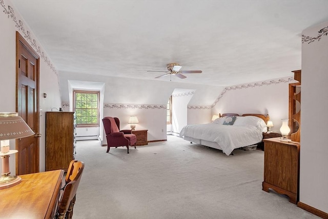 4 Clarke Rd, Littleton, MA 01460 - bedroom featuring light carpet, a baseboard radiator, baseboards, and a ceiling fan