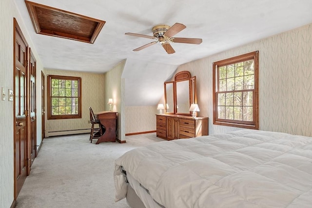 4 Clarke Rd, Littleton, MA 01460 - bedroom with baseboard heating, light carpet, wallpapered walls, and attic access