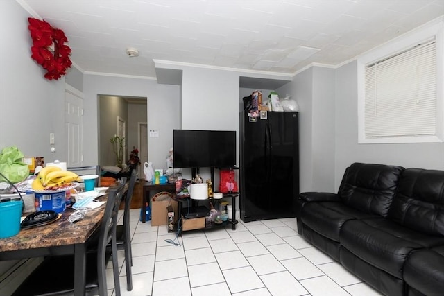 tiled living room with ornamental molding