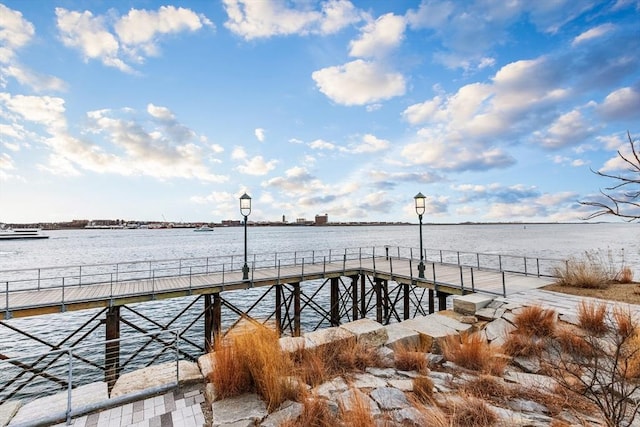 view of dock with a water view