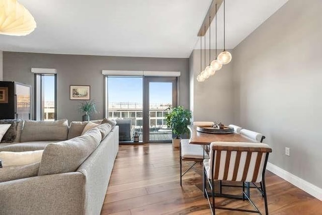 living area featuring baseboards and wood finished floors