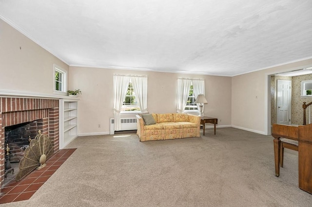 146 Elm St, Andover, MA 01810 - carpeted living area featuring radiator, ornamental molding, healthy amount of natural light, and baseboards