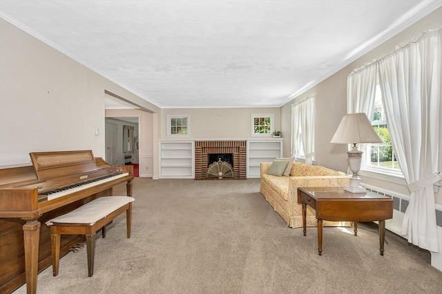 146 Elm St, Andover, MA 01810 - living area featuring light carpet, crown molding, and a fireplace